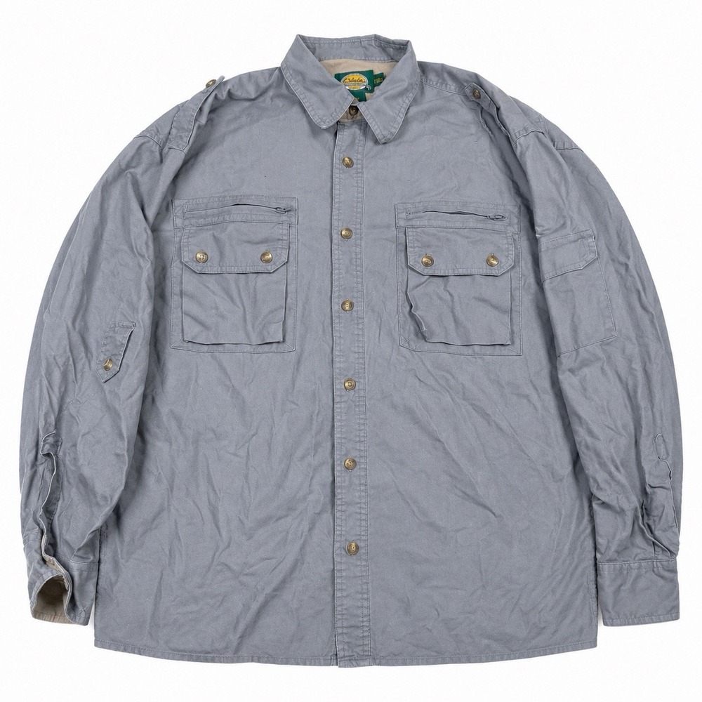 Vintage Cabela's Fishing Shirt Mens L Gray Cotton Vented Utility Safari